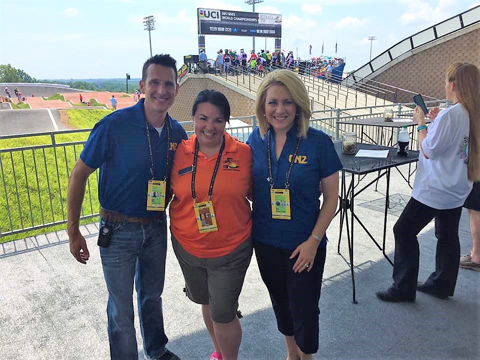 Rock Hill Communications Manager Katie Quinn working with reporters at the BMX World Championships