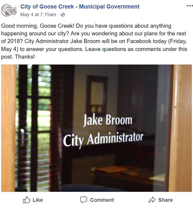 Goose Creek City Administrator Jake Broom's Facebook post