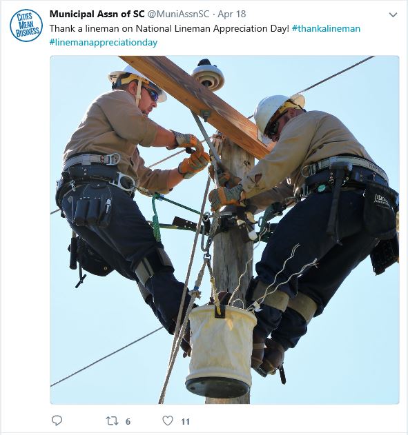 Tweet from the Municipal Association of South Carolina's Twitter account recognizing National Linemen Appreciation Day