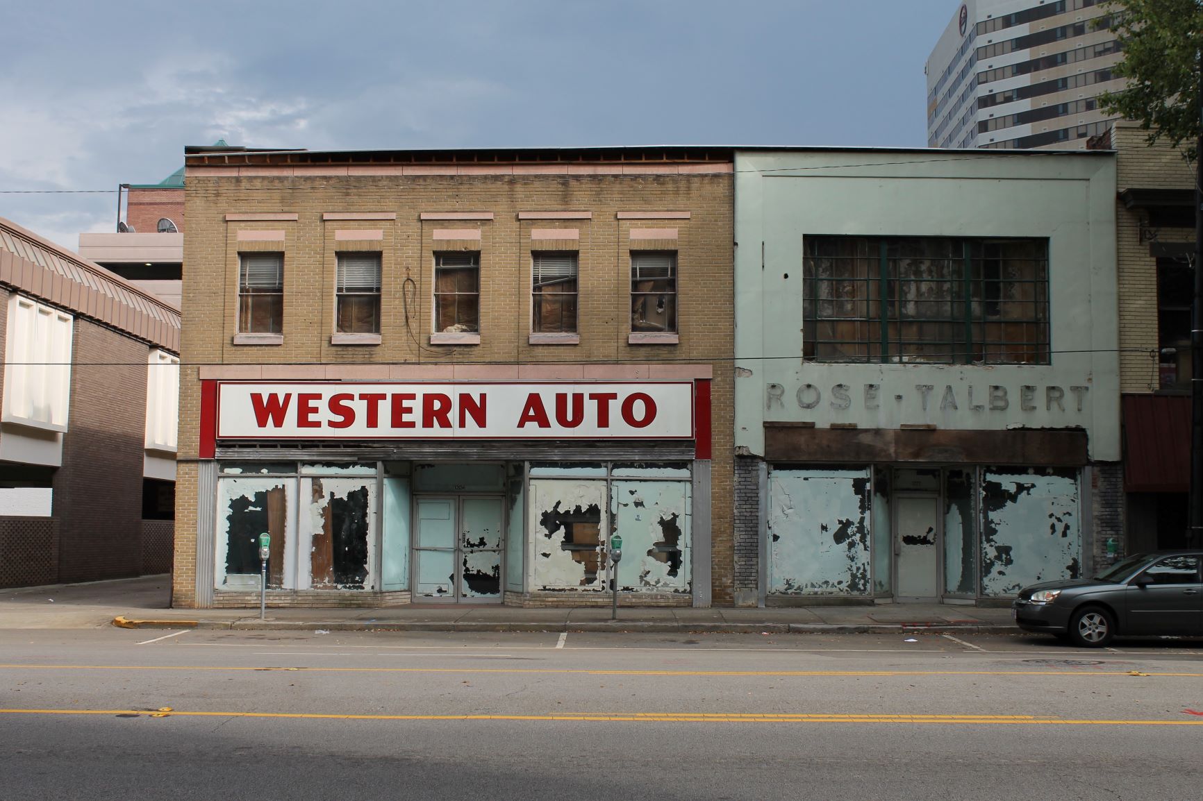 The Western Auto building (1940) and Rose-Talbert building (1914) in downtown Columbia