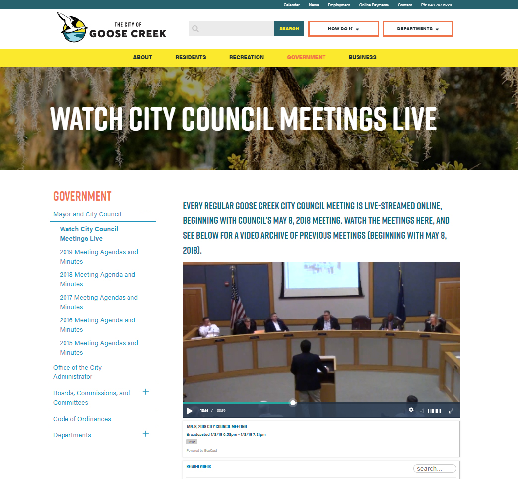 City of Goose Creek live stream webpage