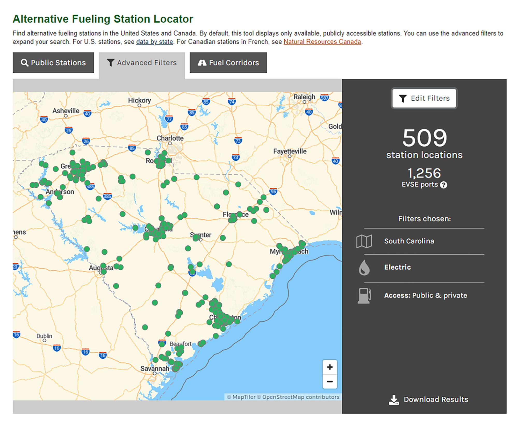 The Alternative Fueling Station Locator gives the exact location of every reported EV charging station in South Carolina. Photo: U.S. Department of Energy.