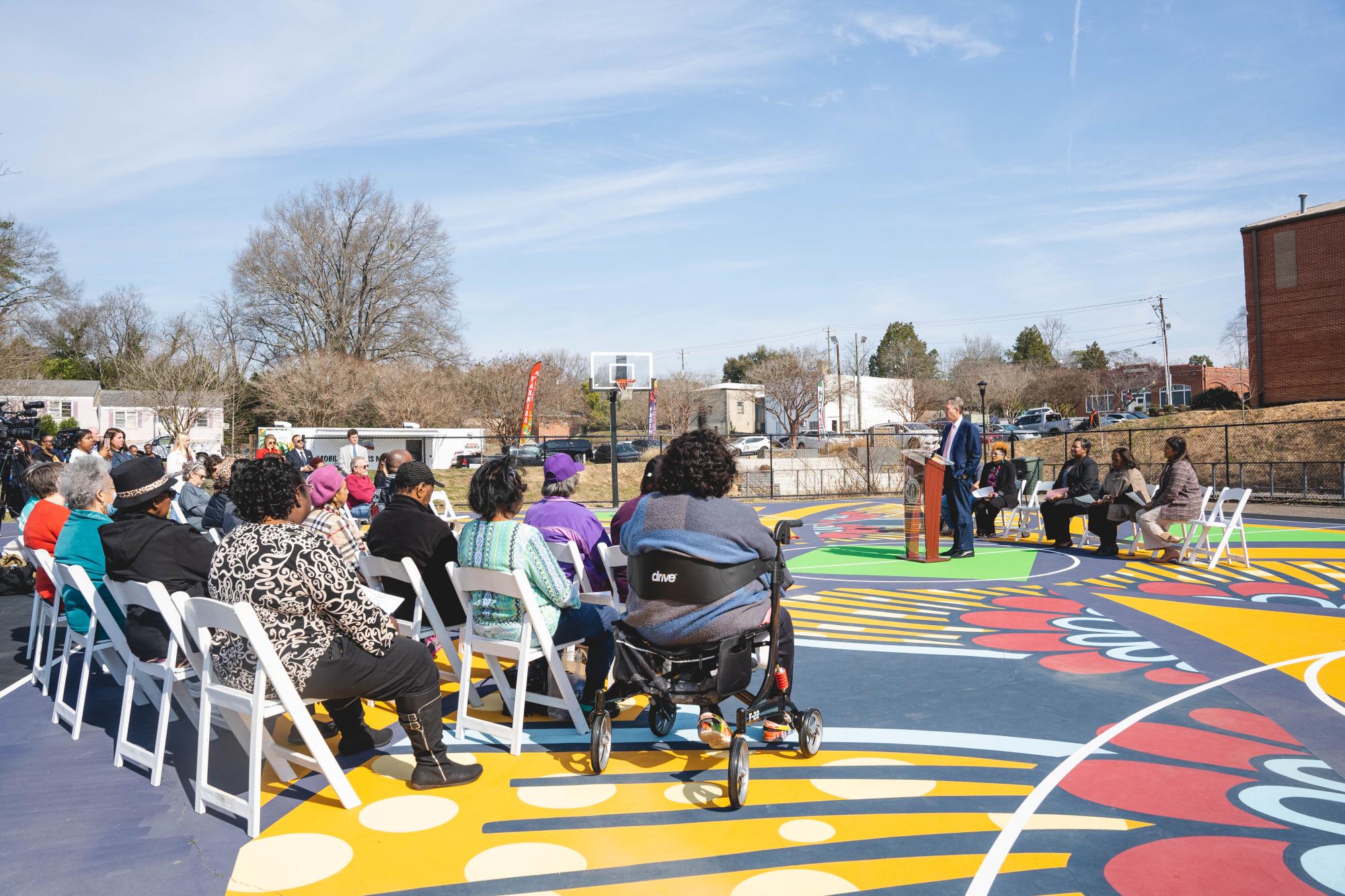 Columbia Mayor Daniel Rickenmann speaks at the Hyatt Park press conference announcing the Toms Creek Family Farms Mobile Market project in 2024. Photo: City of Columbia. 