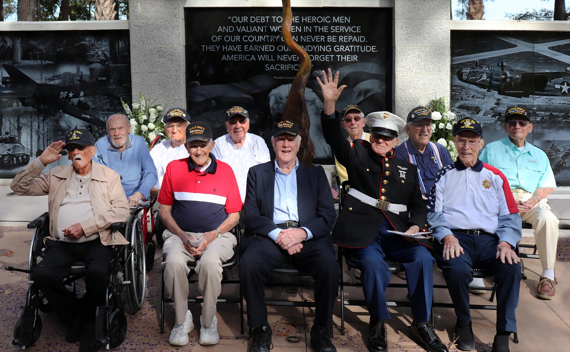 Eleven local World War II veterans took part in the ceremony opening Myrtle Beach's World War II Memorial in 2023. Photo: City of Myrle Beach.